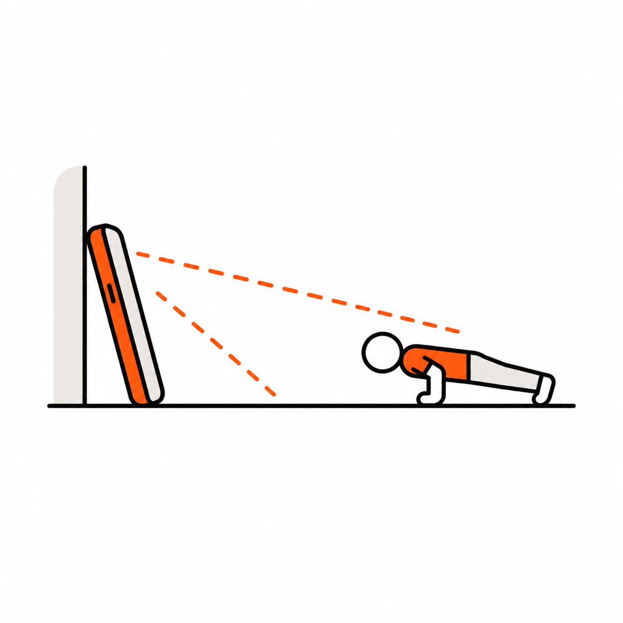 Diagram showing a phone propped against a wall with the camera facing a person doing push-ups