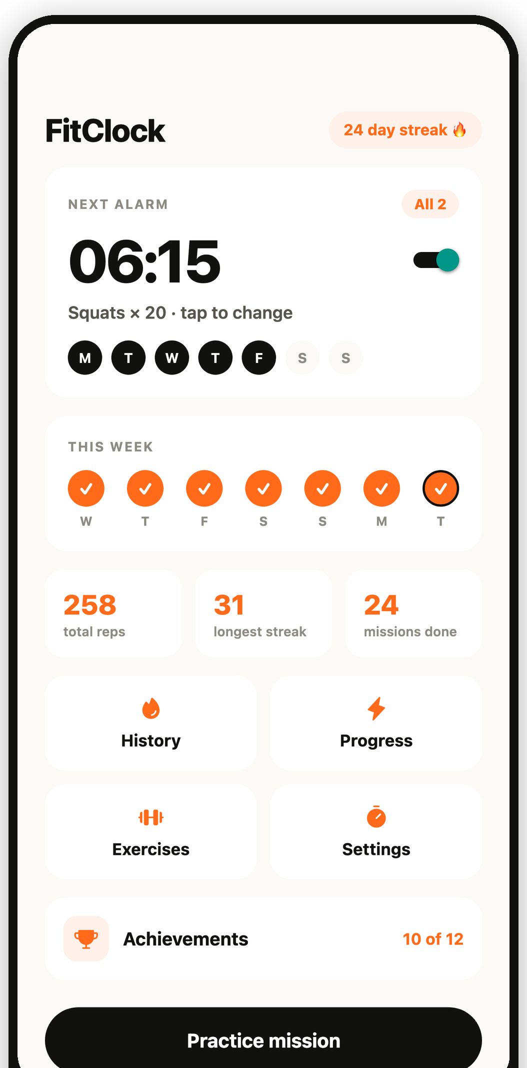 FitClock home screen showing a 24 day streak and the next alarm set for 06:15