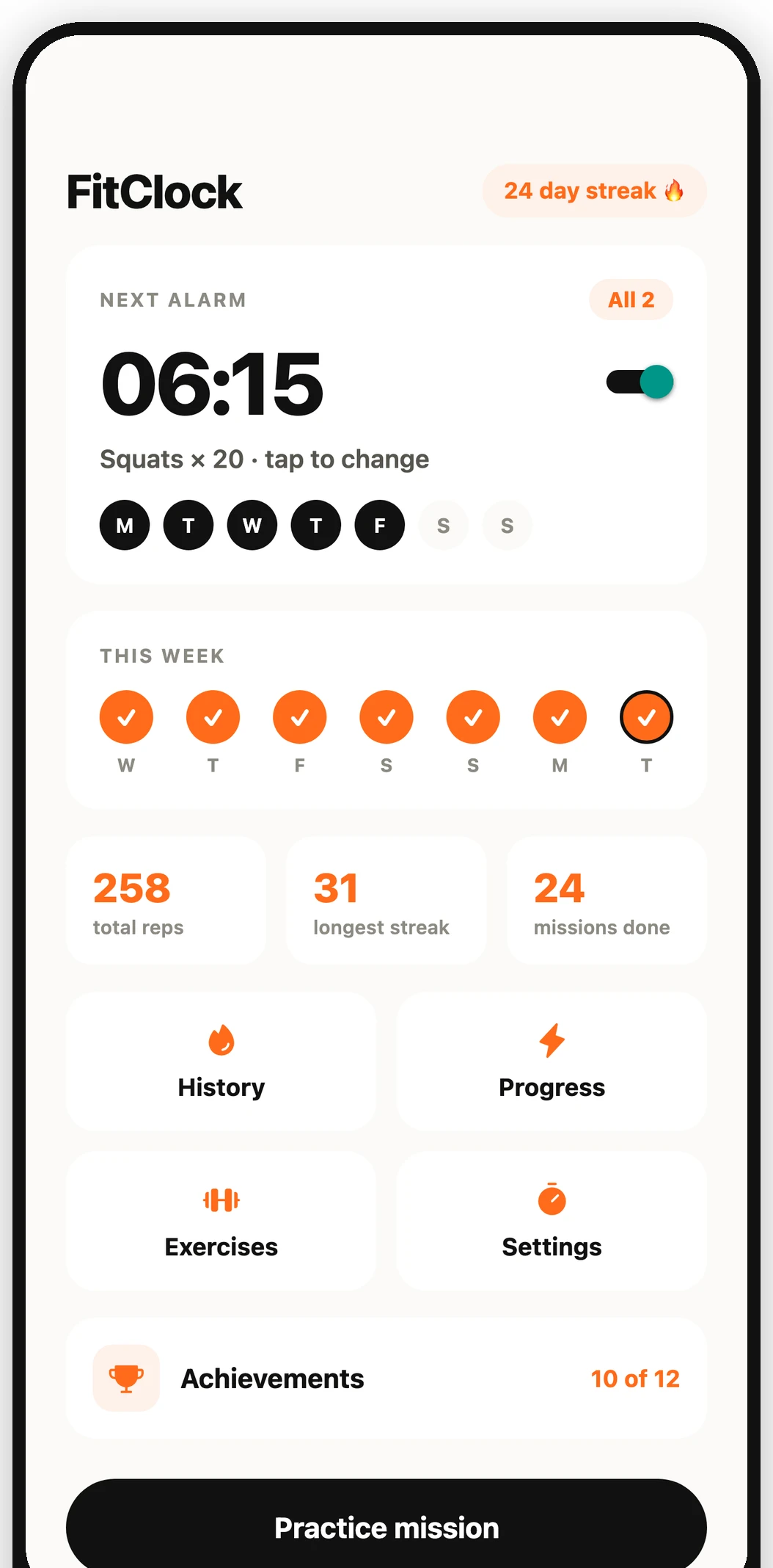 FitClock home screen showing a 24 day streak and the next alarm set for 06:15