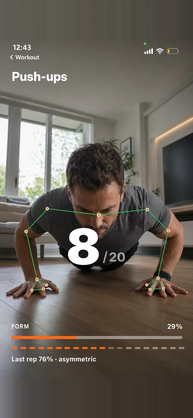 FitClock tracking a push-up: a green pose skeleton over the body, a live rep count of 8 of 20, and a form score of 29 percent with the last rep flagged asymmetric
